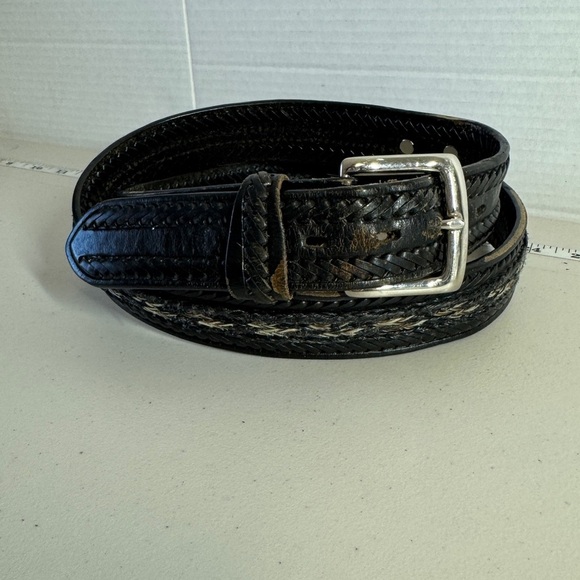 Vintage Western Rustic Tooled Leather Belt Black Silver Buckle Braided Sz 34 - Picture 3 of 16